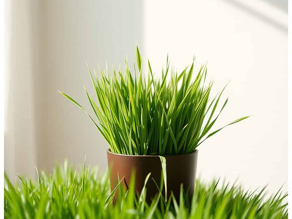Wheatgrass pot depicting easy to maintain with numerous health benefits.
